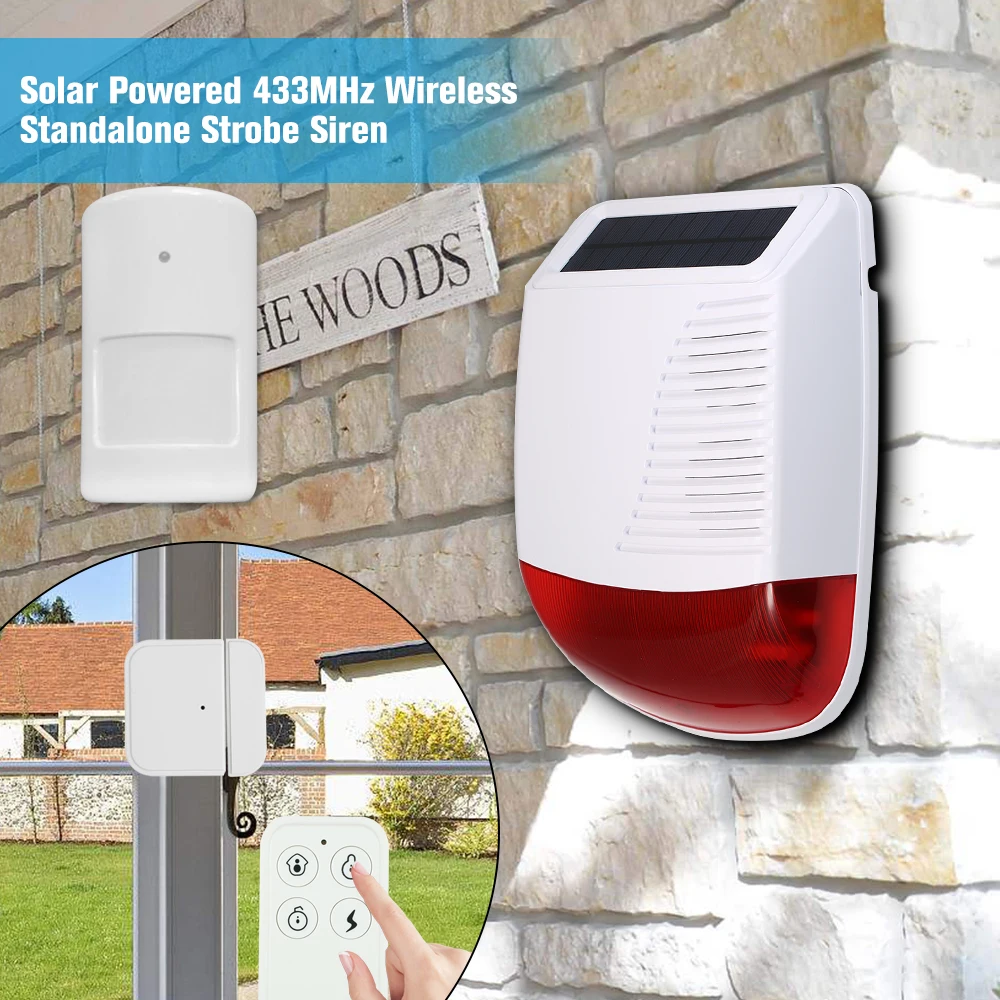 

Solar Powered 433MHz Wireless Standalone Strobe Siren Alarm Host Sound Light Alarm Flashlight Horn 120dB Loud Alarm Waterproof