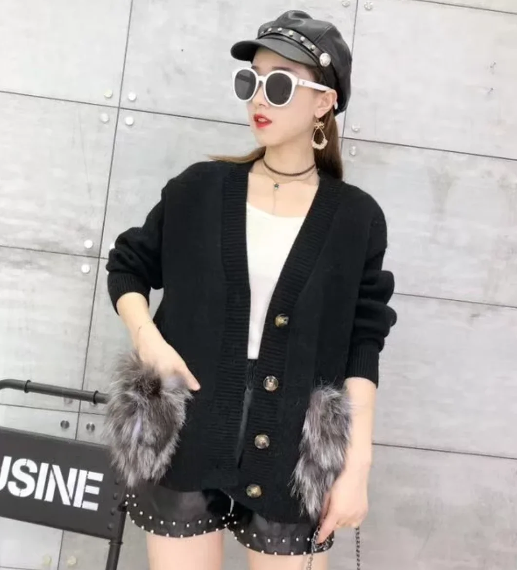 Woman Fashion Casual V-neck Short Sweater Loose Large Pocket Rabbit Fur Solid Sweater Single Breasted Autumn Winter New