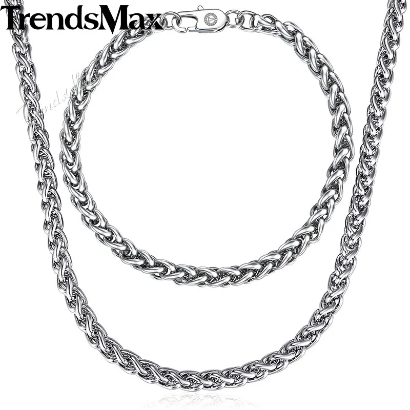 Trendsmax Braided Wheat Link Jewelry Set Necklace For Men Stainless Steel Chain Men's Bracelet
