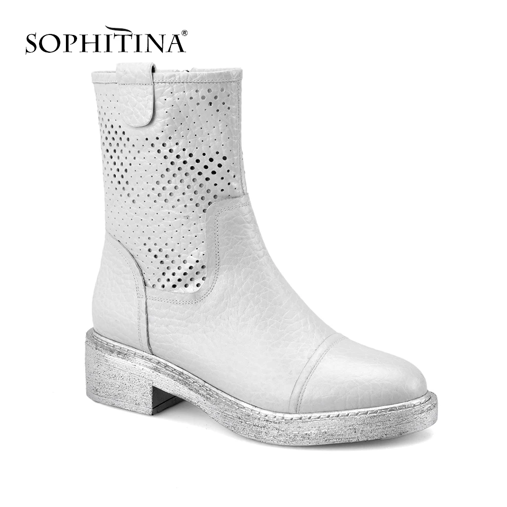 

SOPHITINA Unique Sheepskin Women's Boots Spring Thick Heels Brand Lady Shoes Warm Genuine Leather Solid Zip Mesh Ankle Boots M26