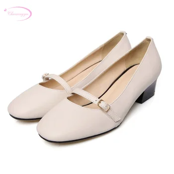 

Chainingyee party style comfortable square toe real leather pumps fashion belt buckle beige black thick middle heels women shoes