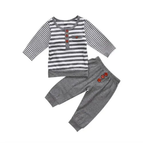 Pudcoco Cool Infant Baby Boy Girl autumn clothes long sleeve button T Shirt long gray Pants Outfit Clothes 2Pcs Set for baby