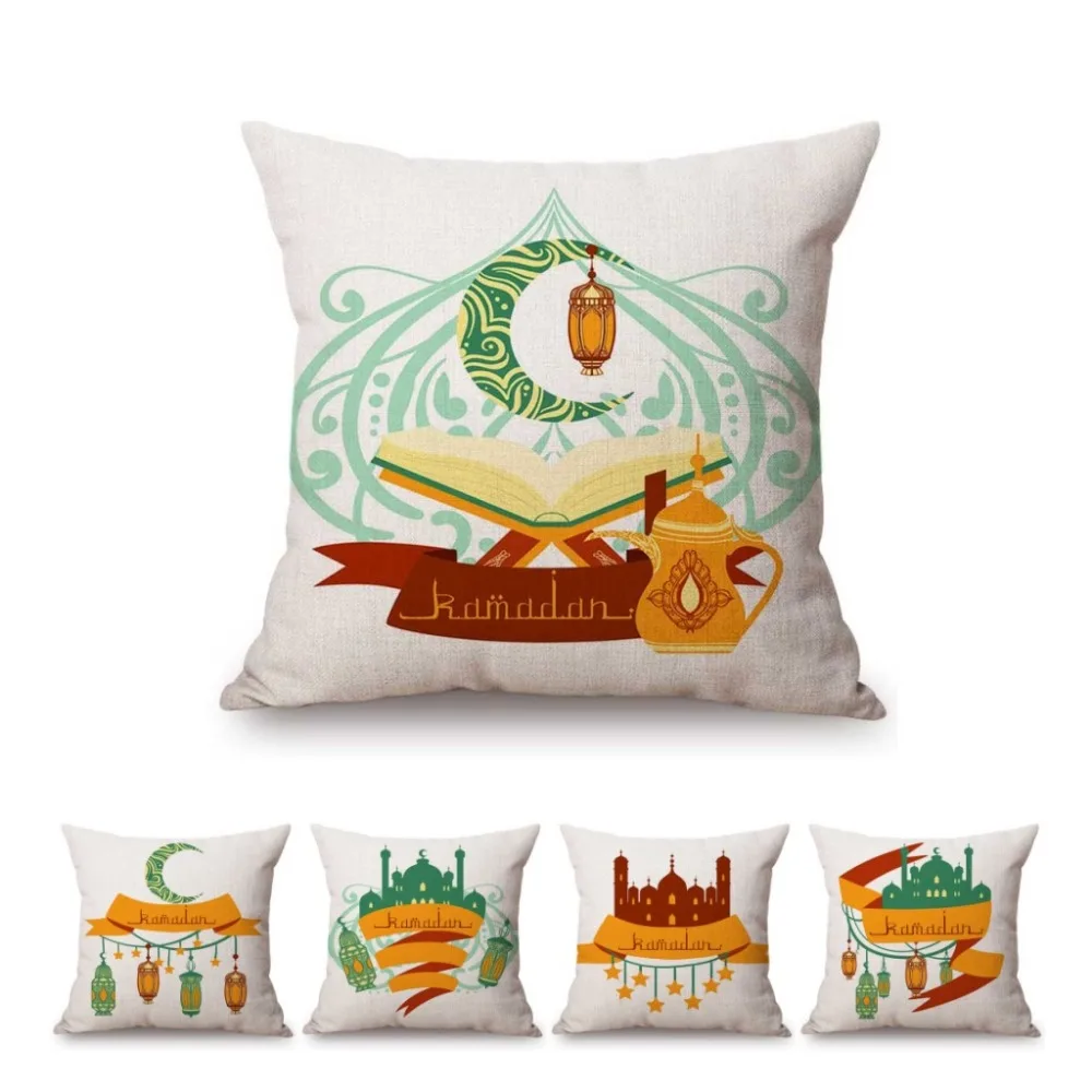 Islamic Cartoon Ramadan Muslim Lantern Mosque Art Home Decoration Throw Pillow Case Cotton Linen Islam Festival Cushion Cover | Дом и сад