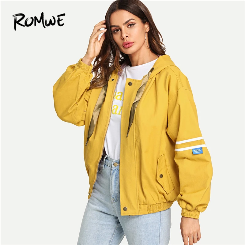 

ROMWE Zipper Stripe Contrast Hooded Jacket Women Casual Autumn New Style Mustard Plain Hoodie Coats Ladies Spring Outerwear