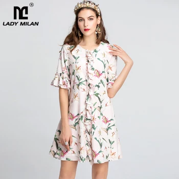 

Lady Milan Women's Runway Designer Dresses O Neck Short Sleeves Ruffles Floral Printed Fashion Casual Short Dresses