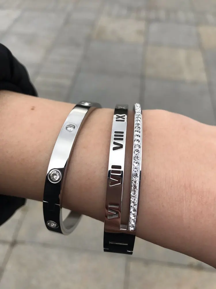 stainless steel bracelets bangles women cuff crystal roman numerals