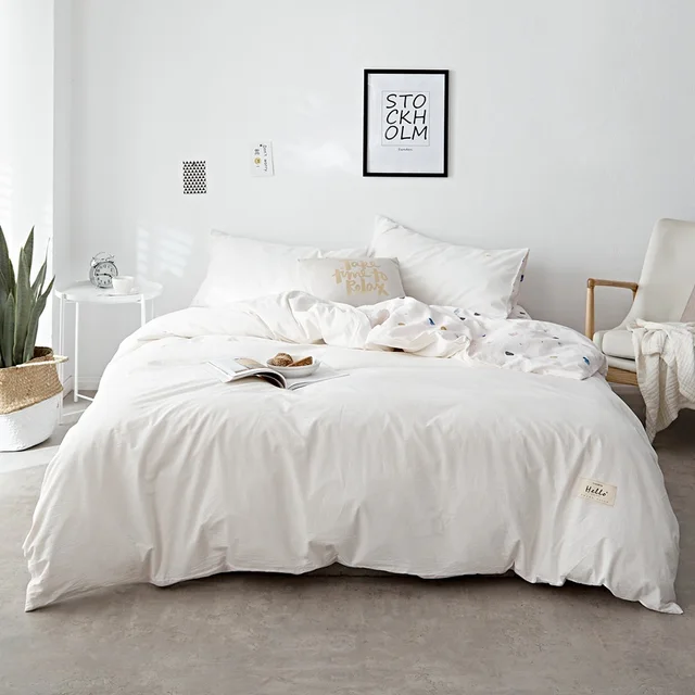 Cute Adults White Bed Sheet/Bedspread Cozy Washed Cotton Solid Color Duvet Cover Twin Queen King