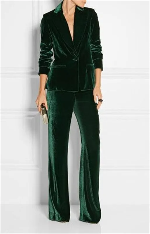 Velvet Ladies Pantsuit Custom Made Women Pantsuit Jacket Women Green Fashion Long Sleeve Suit Women Tailored Collar Jacket Suits