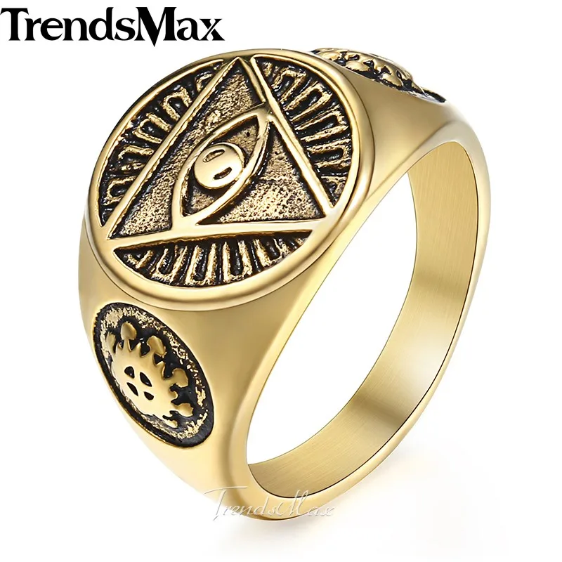 Trendsmax Men's ring Illuminati pyramid eye symbol gold silver color