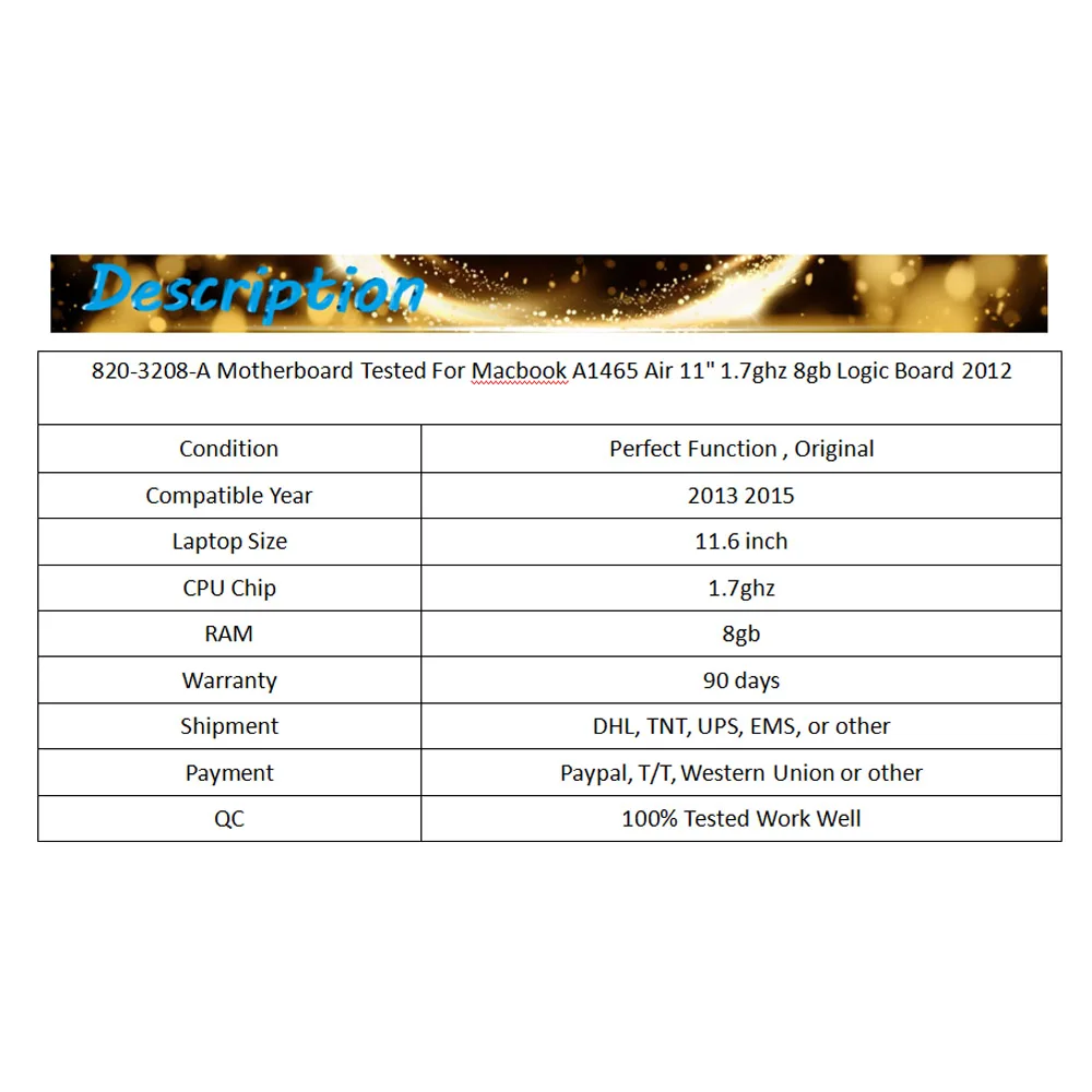 820-3208-A материнская плата протестирована для Macbook A1465 Air 1" 1,7 ГГц 8 Гб логическая плата 2012