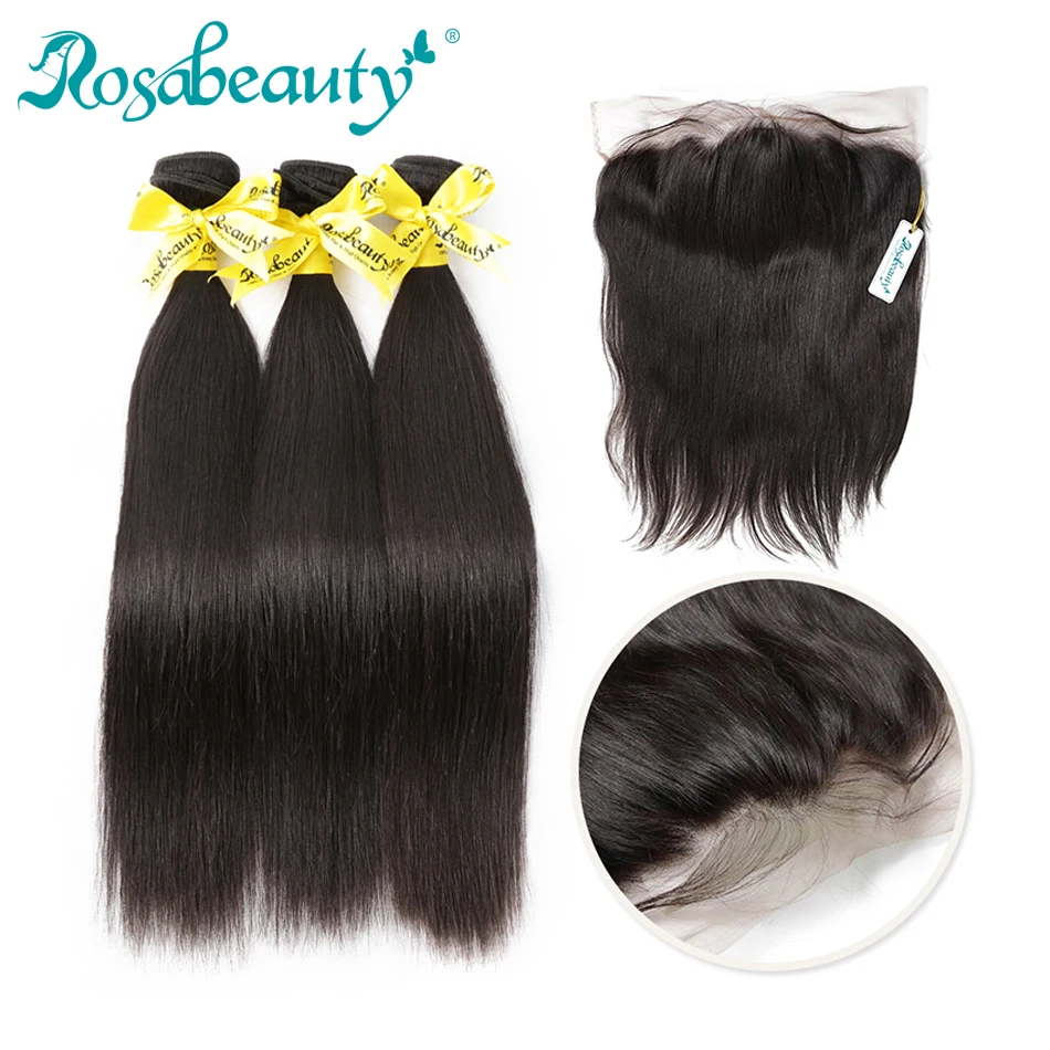 

28 30 32 40 Inch Brazilian Straight Human Hair Weave Bundles With Frontal 13x4 Frontal Closure with Pre plucked 8A Remy Hair