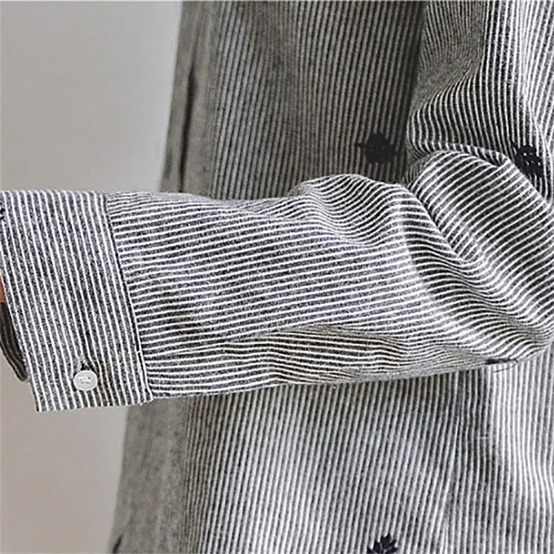 Fashion womens tops and blouses summer Autumn 2018 Linen Striped Stand Collar Embroidery Long Sleeve Shirt camicette Y30#N  (4)