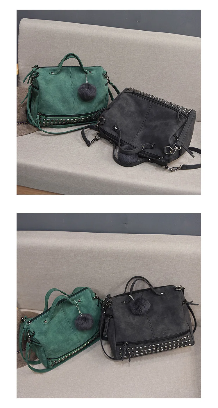 MJ Brand Design Women Handbag Fashion Suede Leather Top-Handle Bags Hair Ball Rivets Shoulder Bag Large Motorcycle Messenger Bag (25)