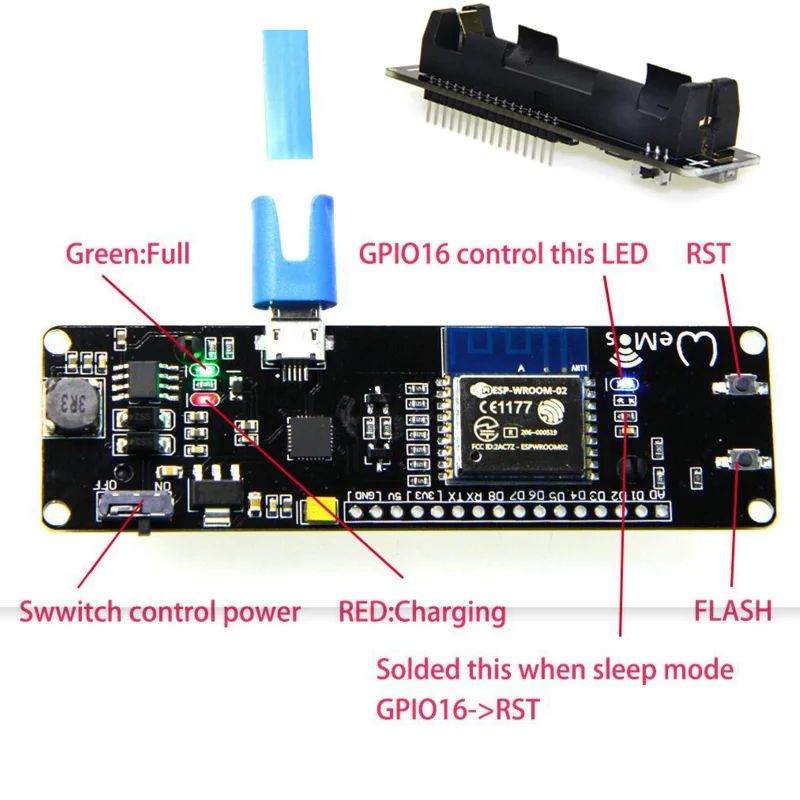 

1PCS ESP-WROOM-02 Development Board D1 Mini Wifi Module ESP8266 + 18650 Battery Case