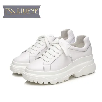 

MLJUESE 2018 women sneakers cow leather lace up black color autumn spring cut-outs Vulcanize Shoes platform fashion sneakers