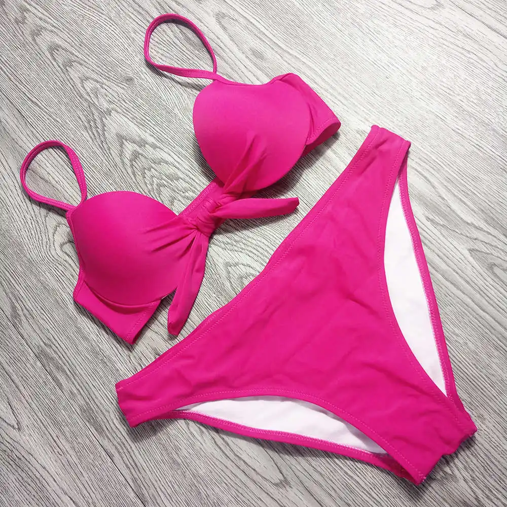 

Sexy Bikinis Women Swimsuit With Underwire Biquini Solid Knot Front Two Pieces Swimsuit 2019 Girl Beach Stripes Bathing Suits