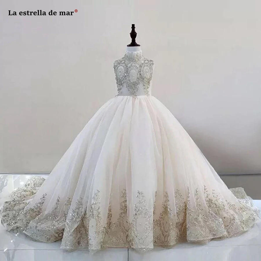 

Vestidos primera comunion para ninas 2019 new high neck fluffy trailing champagne chiffon gold glitter sequin flower girl dresse
