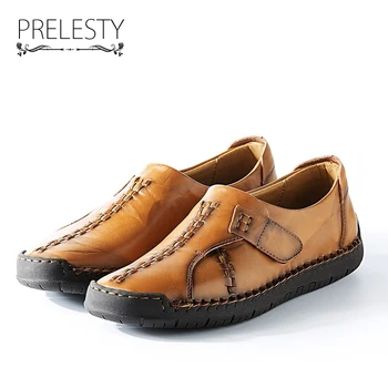 

Prelesty Vintage Retro High Quality Brand Natural Leather Men Shoes Handmade Casual Shoes Men Soft Buckle Slip On Leisure