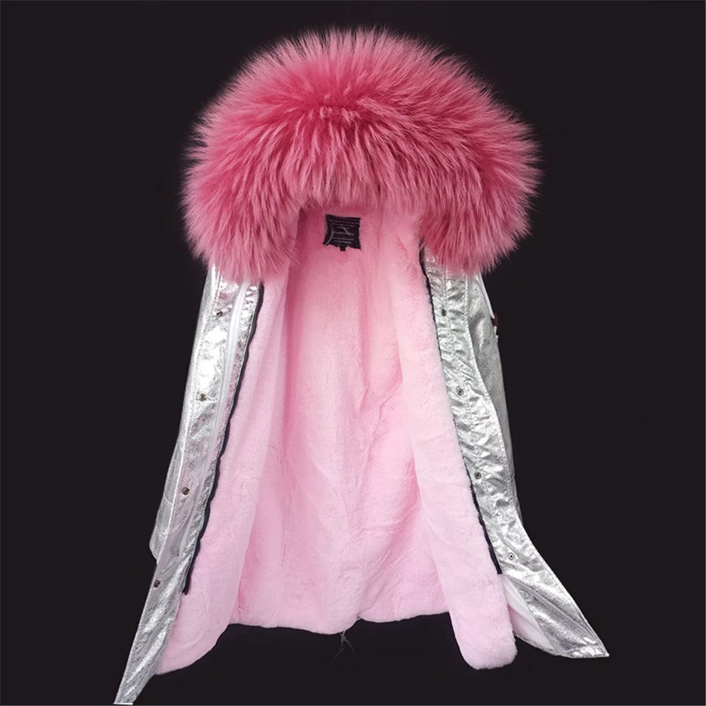 Новая модная куртка Серебряное женское пальто Парка с воротником из натурального меха енота Превосходное качество Горячая