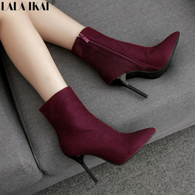 

LALA IKAI Women Ankle Boots Stretch Fabric Spring Autumn Zipper Thin Heels Pointed Toe Platform Boots Ladies Boots XWC2470-5