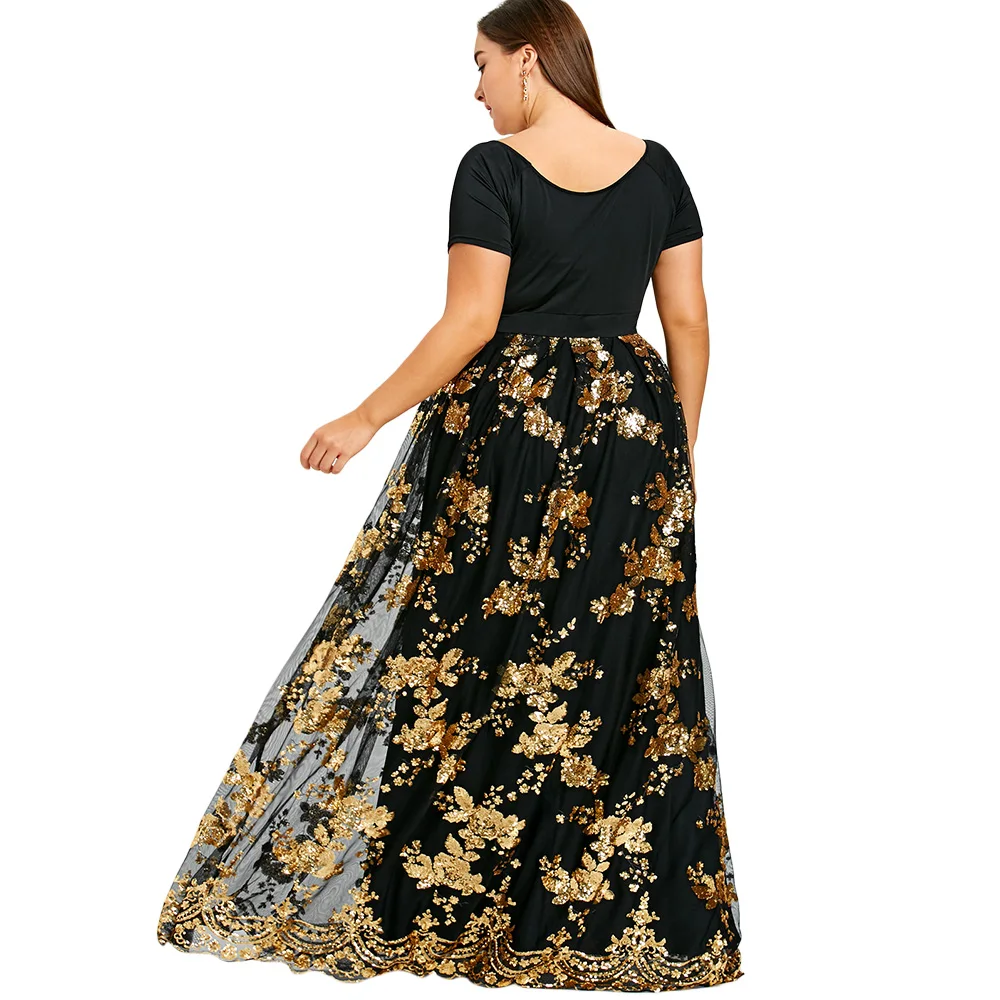 Ретро цветочное блестящее длинное платье макси дизайн размера плюс v-образный вырез платье вечернее платье для вечеринки женское элегантное длинное черное платье