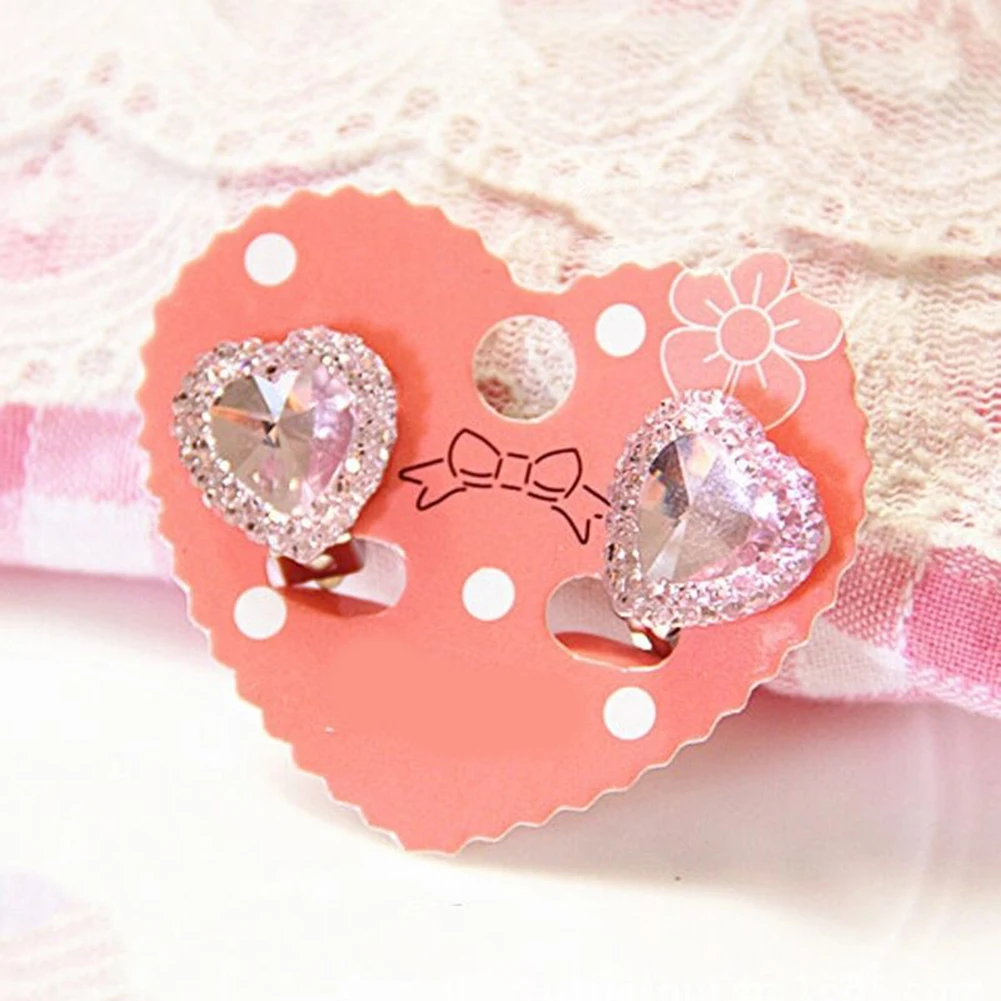 Стразы в форме сердца для девочек; Модные клипсы для ушей; ювелирные изделия; серьги в подарок - Окраска металла: Pink
