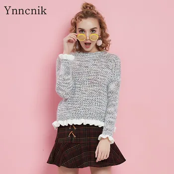 

Ynncnik Sweet Pullovers Women Long Sleeve Fungus Edge Knitted Sweater Casual Autumn Winter Patchwork Sweaters S1036