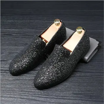 

Big size 48 Mens Dress Shoes Sequins Formal Dress sapato wedding Men Loafers Driving Gold Sliver Shoes LE-58