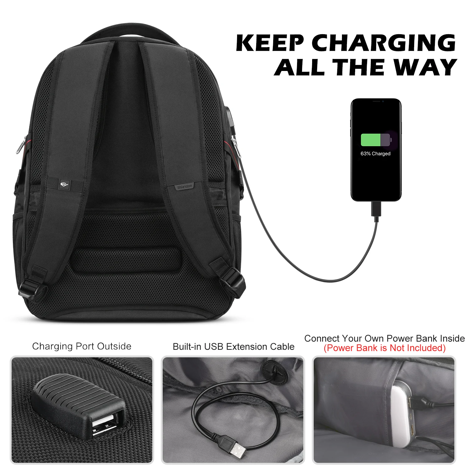 SHIELDON рюкзак для ноутбука with【внешний USB зарядный порт 【багажный ремень и Противоугонный дизайн 】подходит Макс 17 дюймов рюкзак для ноутбука