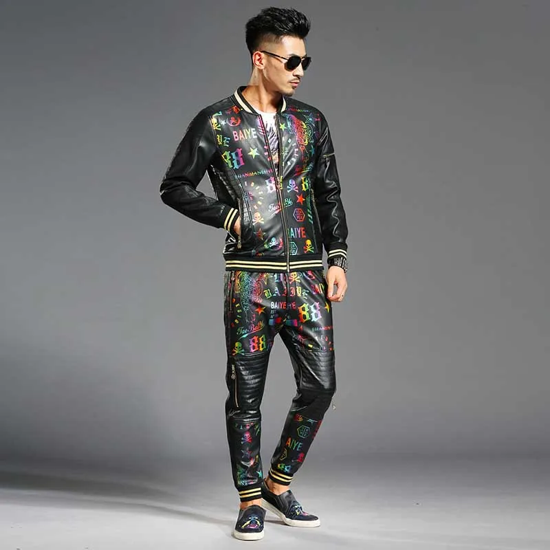 New Fashion PU Leather Colorful Printed Baseball Jacket Men Casual Bomber Jacket Coat Spring Autumn OUTWEAR Zipper Cardigan New Fashion PU Leather Colorful Printed Baseball Jacket Men Casual Bomber Jacket Coat Spring Autumn OUTWEAR Zipper Cardigan