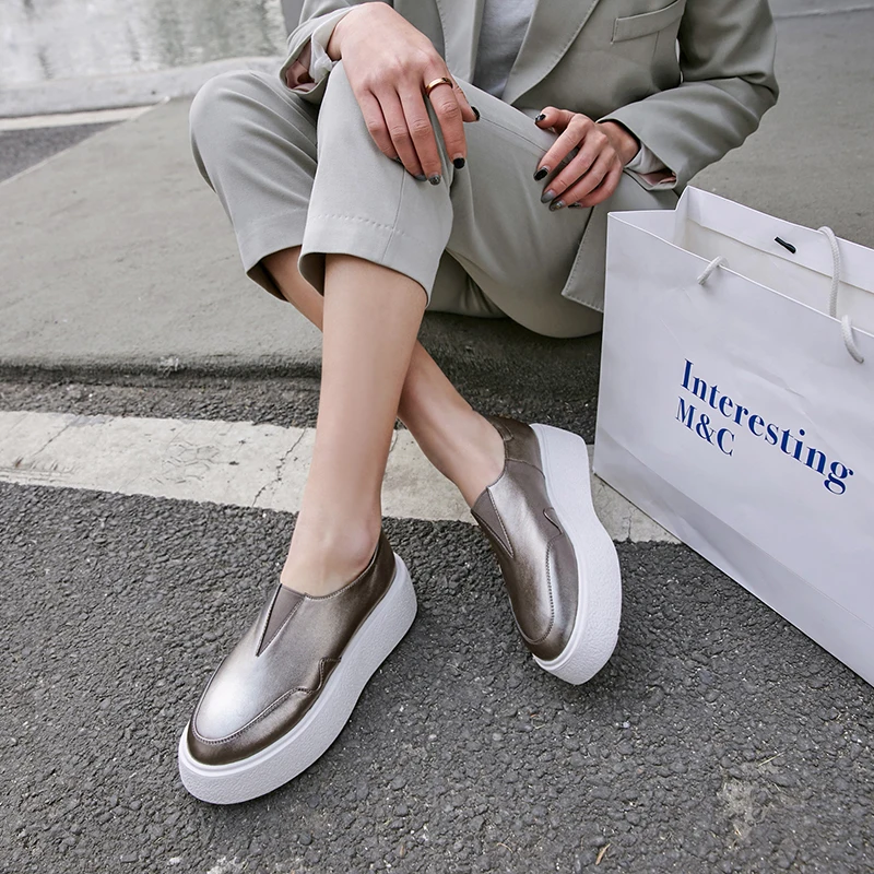 Для женщин кроссовки кожа женская повседневная обувь Серебряный 6 см