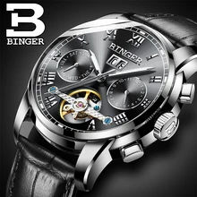 Mens montres Automatique montre mécanique tourbillon horloge en cuir montre-bracelet d’affaires Décontractée relojes hombre top marque BINGER