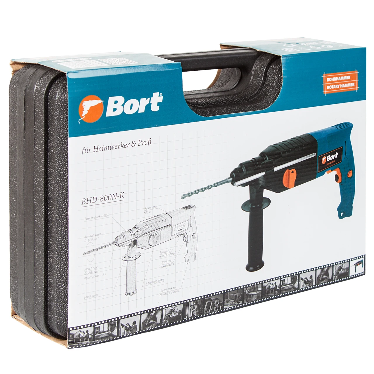Перфоратор электрический Bort BHD-800N-K (Мощность 800 Вт, тип патрона - SDS+, 1050 об/мин холостого хода, энергия удара 3 Дж, 4850 уд/мин, диаметр сверления - 24 мм в бетоне, до 13 мм в металле и до 30 мм в дереве, реверс)