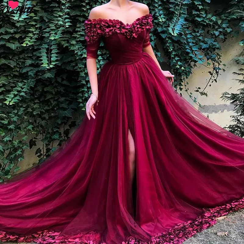 

TaoHill Burgundy Prom Dresses A-line Off Shoulder Half Sleeves Evening Party Gown Split Pleats with Flowers