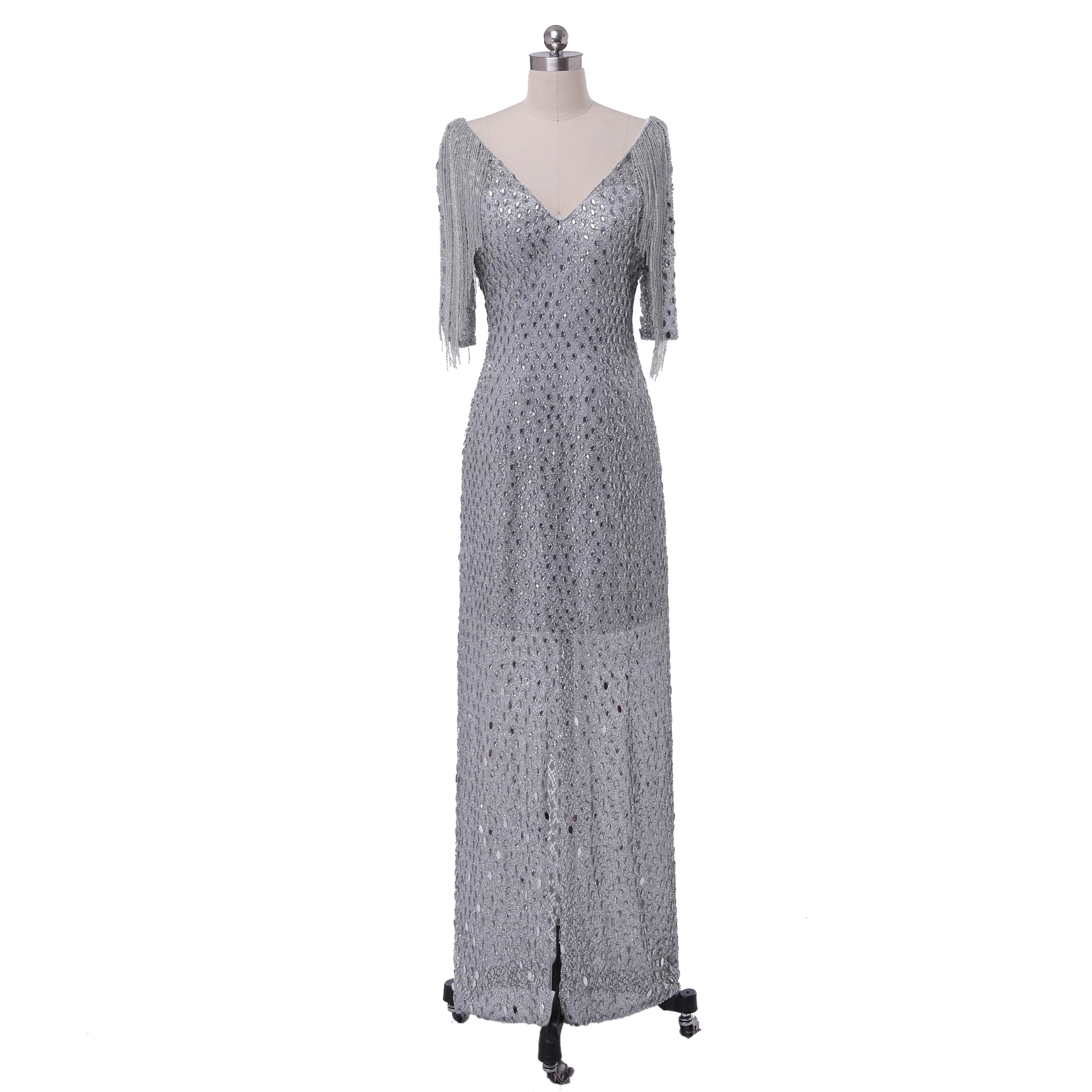 

Glitter V-neck Backless Sequin Evening Prom Dress Long with Crystal Beading Line Tassel Split Formal Gown Floor-Length Silver