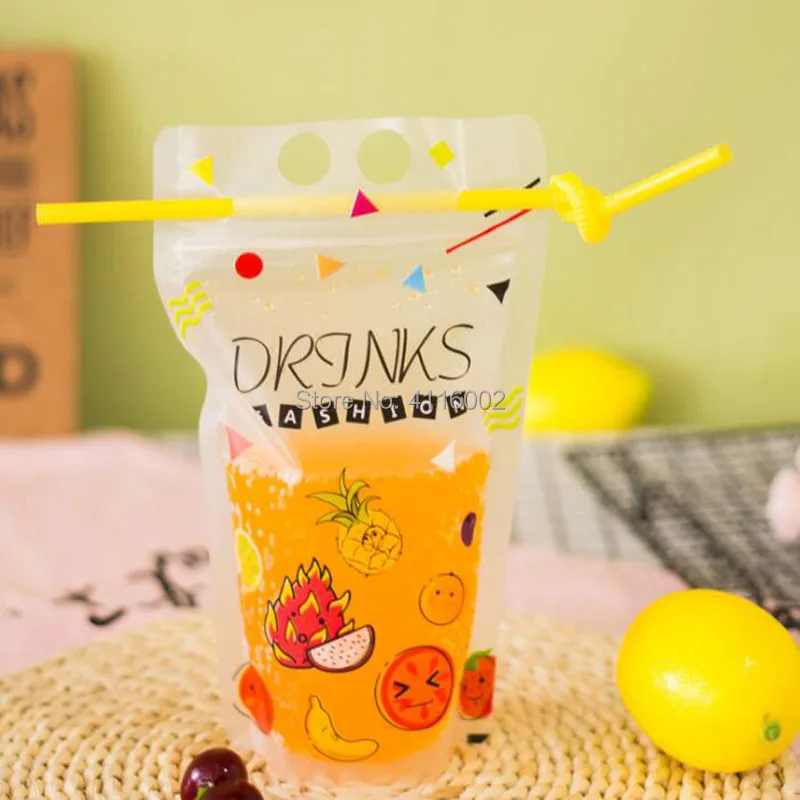 

500ml Cold Beverages Bag Tea Bags DIY Drink Container Juice Food Cartoon Printing Disposable Take-out Drink Bag