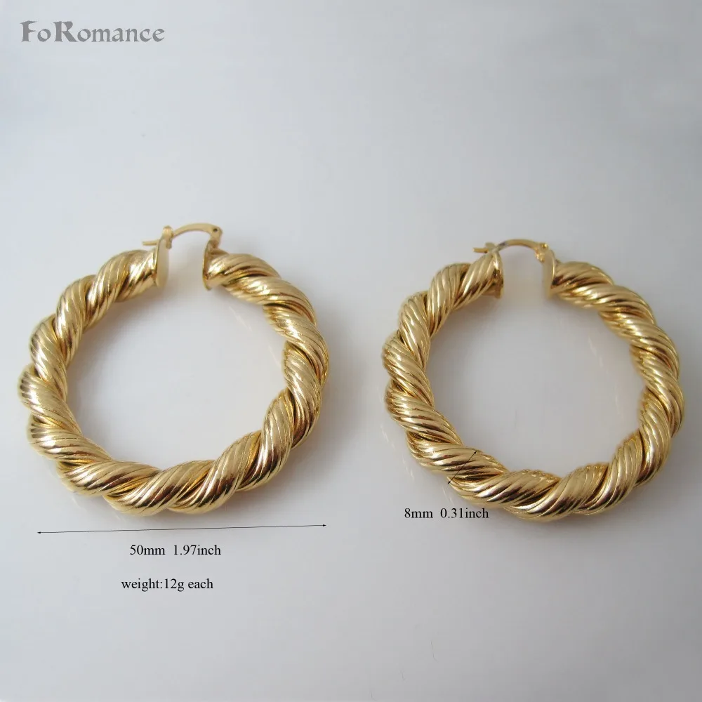 

TWIST - YELLOW GOLD GP OVERLAY FILL BRASS BIG ROUND HOOP 50 MM 1.97" & 40MM 1.57" EARRING BAND WIDTH 8 MM 0.31"