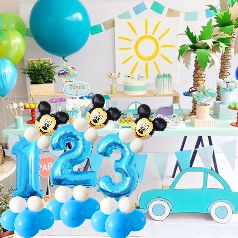 Baby Shower розового и голубого цвета, 32 дюйма Количество воздушных шаров От 1 до 3 лет на день рождения с Микки Маусом и Минни Маус комплект вечерние Декор латексные воздушные шары на подставке с globos