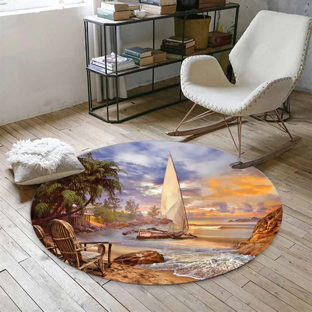 

Else Tropical Brown Beach Sand Sea Side Ships Palm Tree 3d Print Anti Slip Back Round Carpets Area Rug For Living Rooms Bathroom