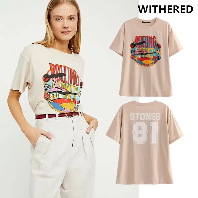 

Withered t-shirt women england style vintage letter cartoon printing o-neck cotton boyfriend drop shoulder t shirt women tops