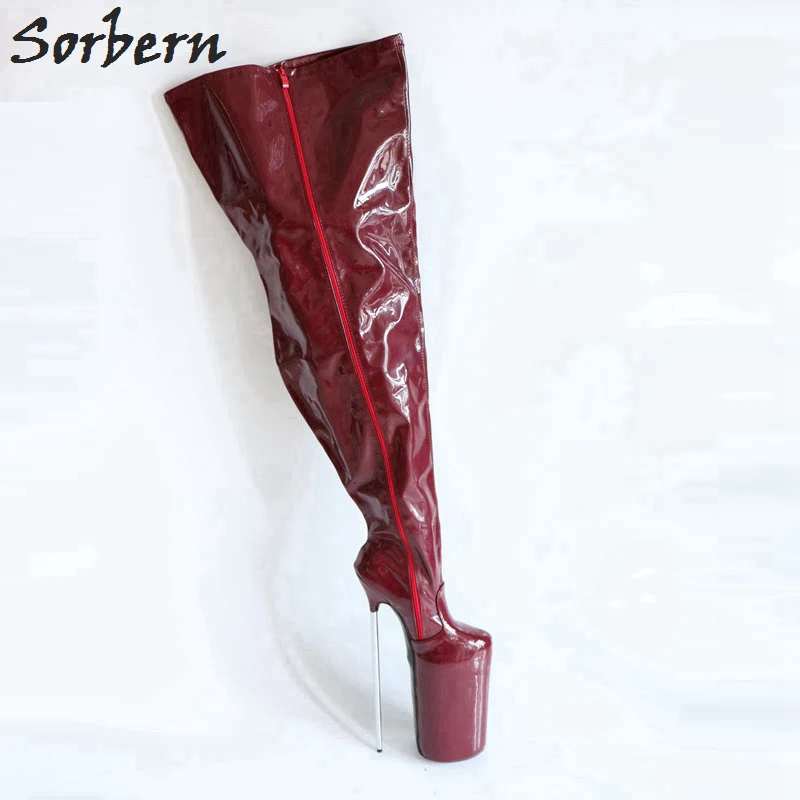Sorbern Фетиш-обувь на высоком металлическом каблуке 30 см женские сапоги до бедра на платформе высокие сапоги на шнуровке для трансвеститов
