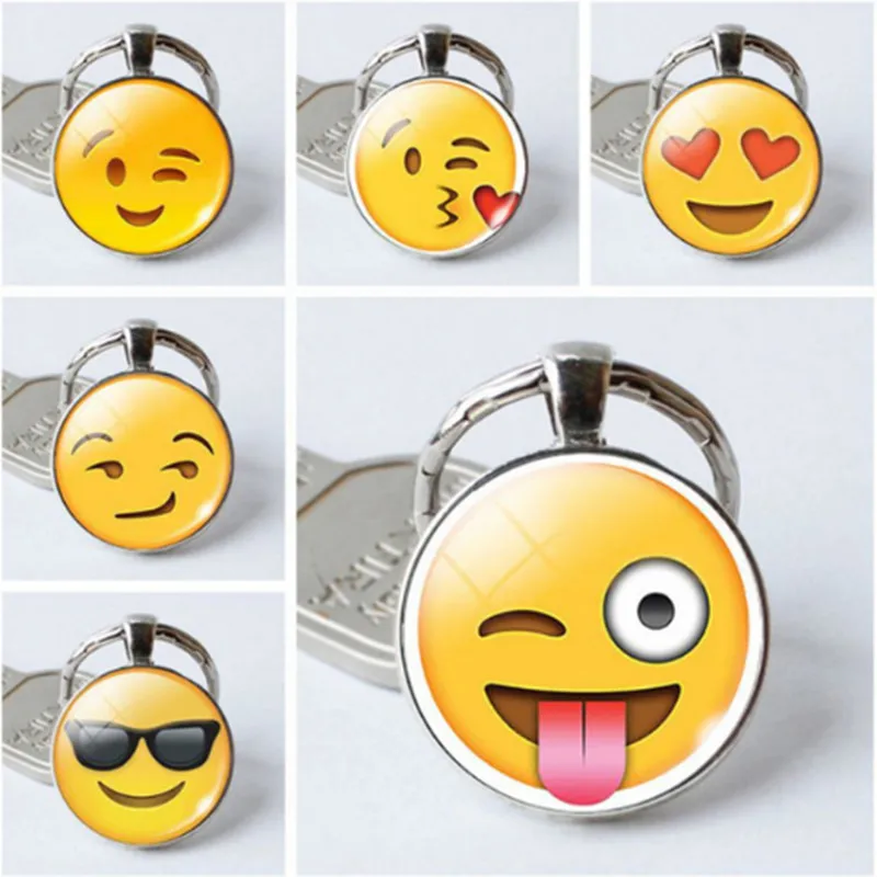 Silver Color Multi Emoji Pictures Glass Cabochon Keychain Smile Smileys