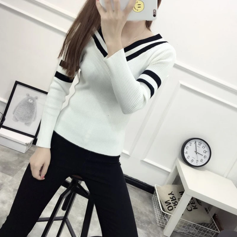 New Autumn Winter Woman's Sweater Bottoming Pullovers Slim Sweaters V Neck Sexy Long Sleeves Sweaters Black white Striped