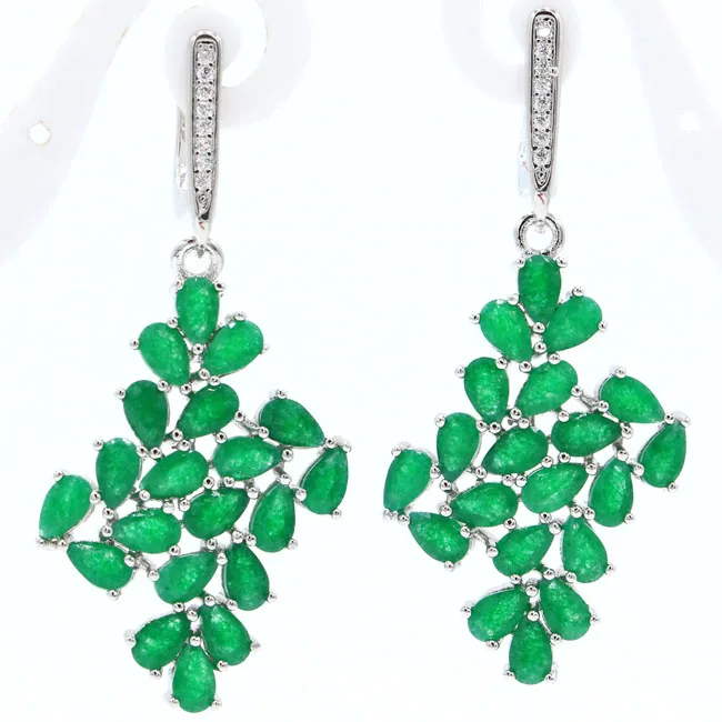 

Romantic Real Green Emerald White CZ Ladies Gift 925 Silver Earrings 47x20mm