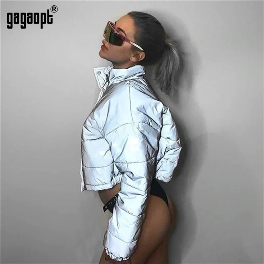 Gagaopt Winter Jacket Women Fashion Casual Reflective Parka Overcoat Portable Turtleneck Windbreaker Jacket Streetwear
