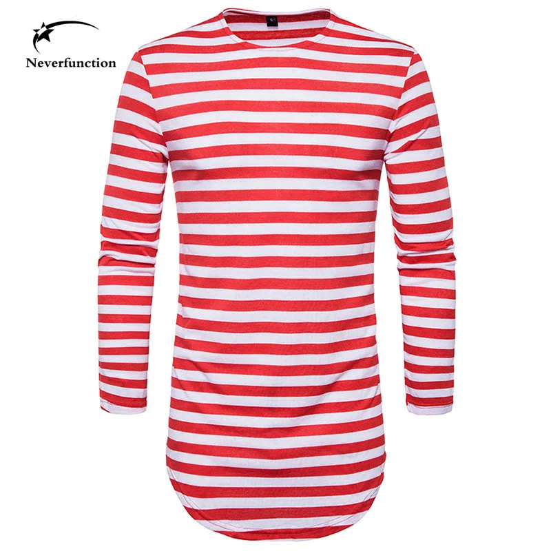 

New Autumn Spring Men Round Neck Long Sleeve extended arc hem Striped T-shirt Slim Fit T Shirts Tees Tops Casual Male Homme