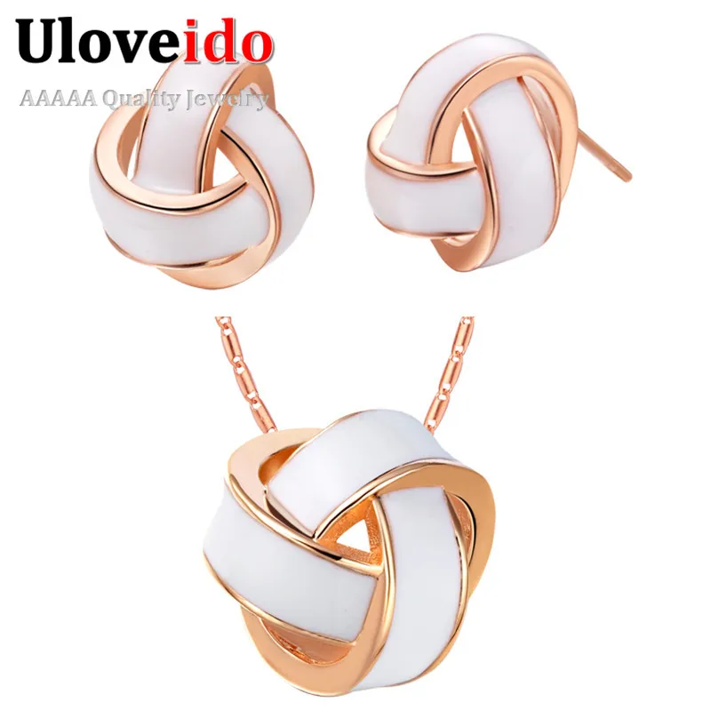 Uloveido Wedding Black/White Enamel Earrings Necklace Jewelry Sets Rose Gold Color Jewellery Women's Bijoux Femme Sale T271