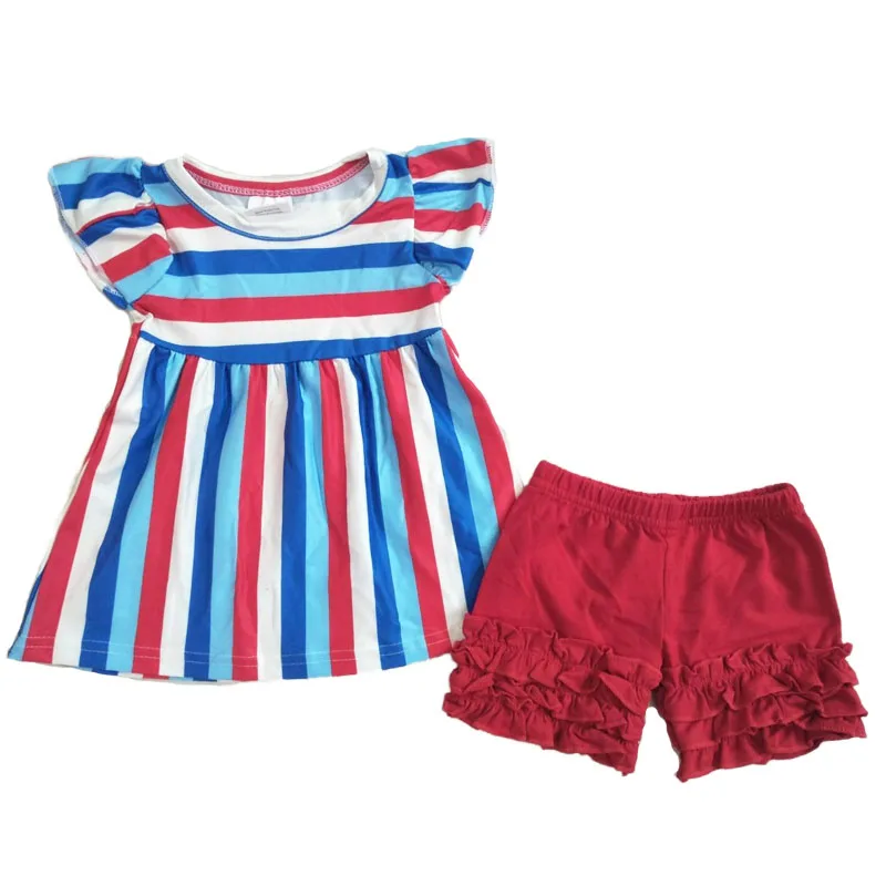 

New arrival summer outfits for baby girls high quality flying sleeve O neck t shirt+red ruffle shorts 2 pieces sets children gxj