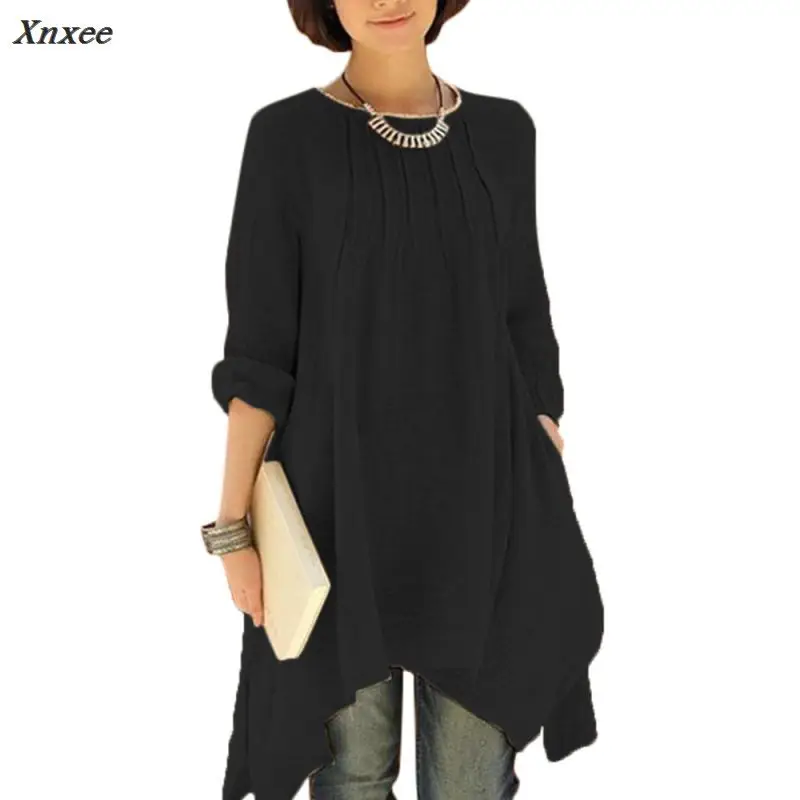 2018 Women O-Neck Long Sleeve Asymmetric Hem Cozy Cotton Linen Blend Blouse Tunic Shirt Pockets Tops Xnxee Blouses