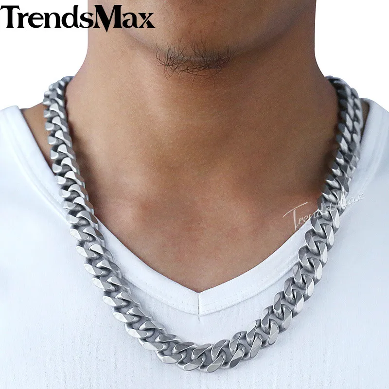 Trendsmax Matte Jewelry Set Mens Necklace Bracelet 316L Stainless Steel Chain Silver Tone Curb Cuban Link HS42